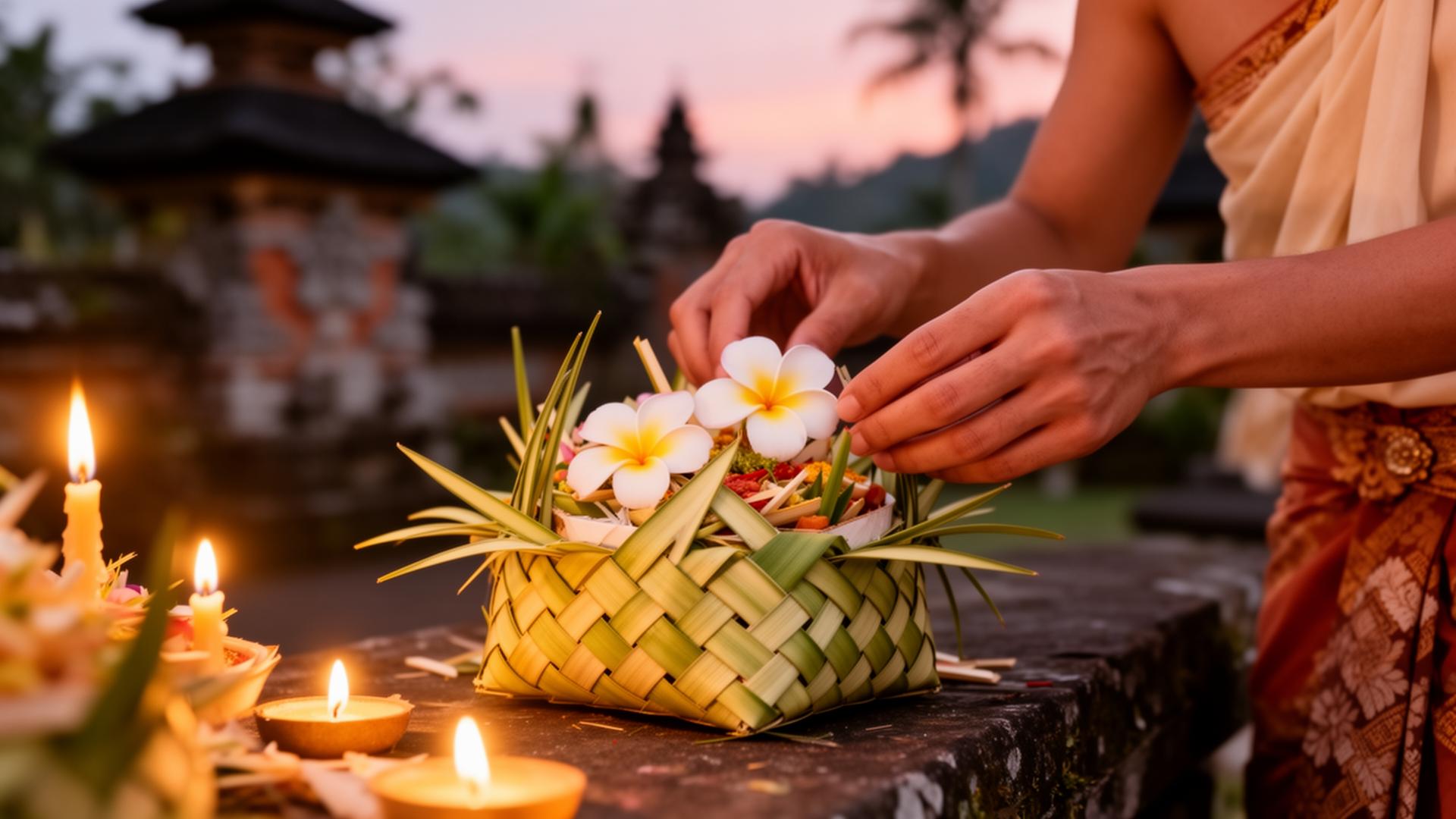 Hands placing frangipani flowers on a Balinese canang sari offering at dusk, candlelight glowing